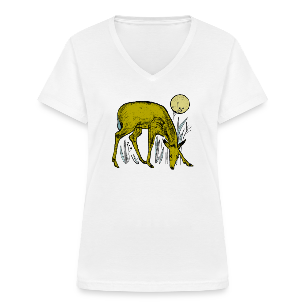Klassisches Frauen-T-Shirt mit V-Ausschnitt  - "Reh in Olive" - Weiß