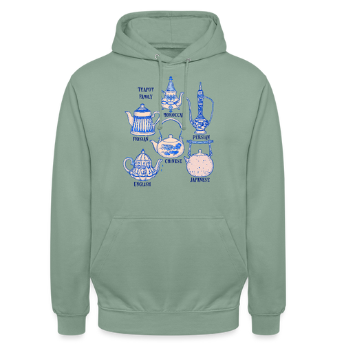 Unisex Hoodie - “So Many Teapots” - Graugrün