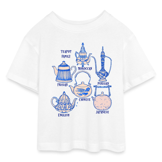 Teen Cropped Jersey T-Shirt - “So Many Teapots” - Weiß