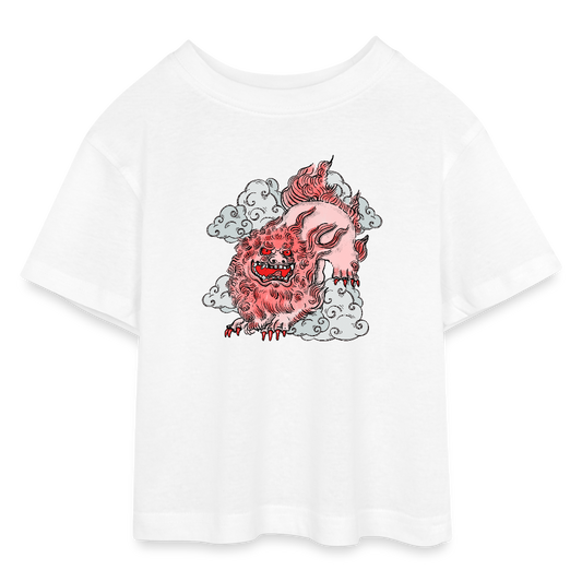 Teen Cropped Jersey T-Shirt - “Fu Dog” - Weiß