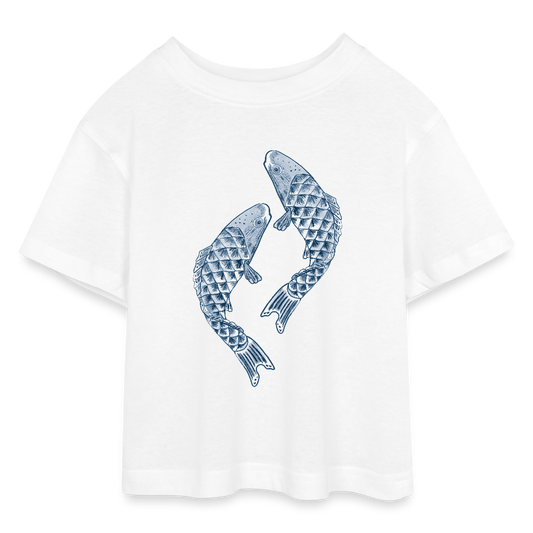 Teen Cropped Jersey T-Shirt - “Blaue Kois” - Weiß