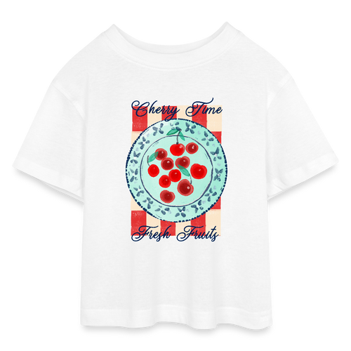 Teen Cropped Jersey T-Shirt - “Kirschenzeit” - Weiß