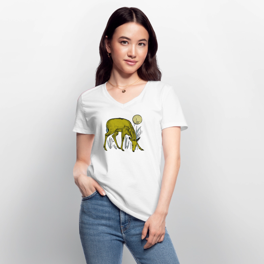 Klassisches Frauen-T-Shirt mit V-Ausschnitt  - "Reh in Olive" - Weiß