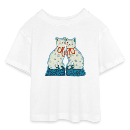 Teen Cropped Jersey T-Shirt - “Zwei Porzellankatzen” - Weiß