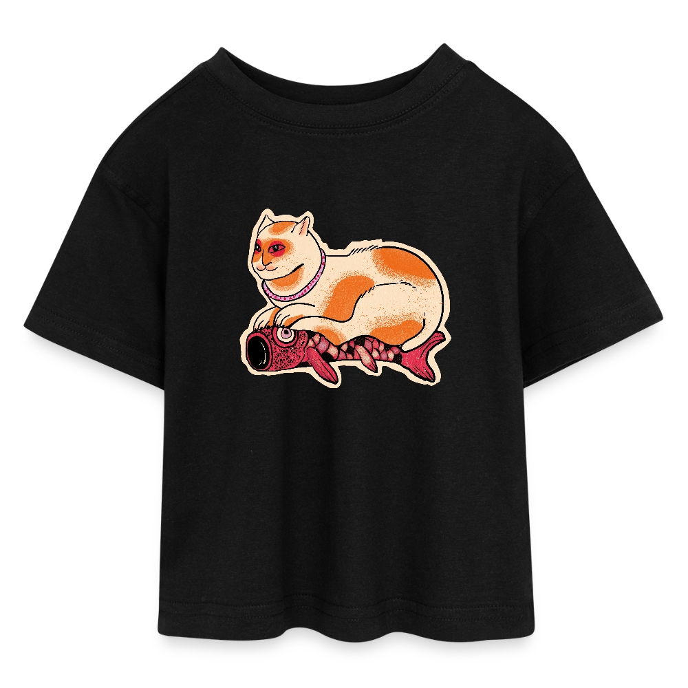 Teen Cropped Jersey T-Shirt - “Katze & Koinobori” - Schwarz