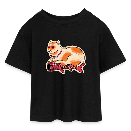 Teen Cropped Jersey T-Shirt - “Katze & Koinobori” - Schwarz