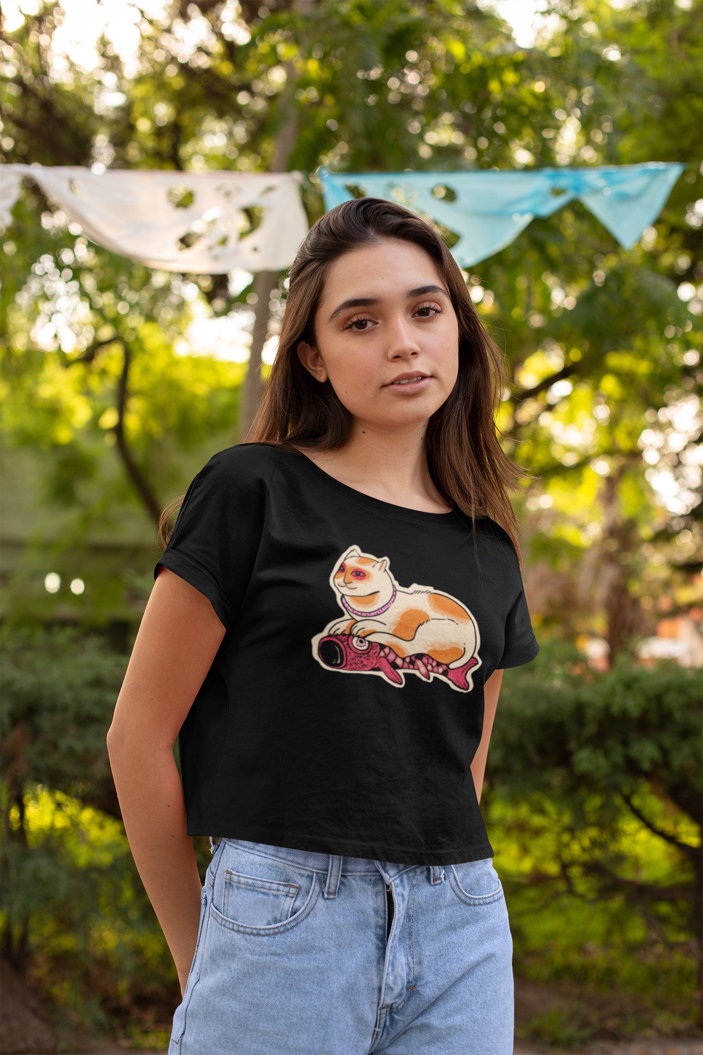 Teen Cropped Jersey T-Shirt - “Katze & Koinobori”
