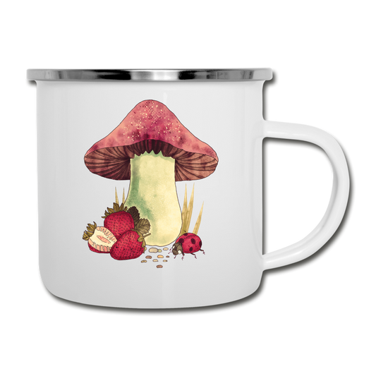 Emaille-Tasse - "Cottagecore_Pilz und Erdbeeren" - Weiß