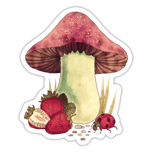 Sticker - "Cottagecore_Pilz und Erdbeeren" - Mattweiß