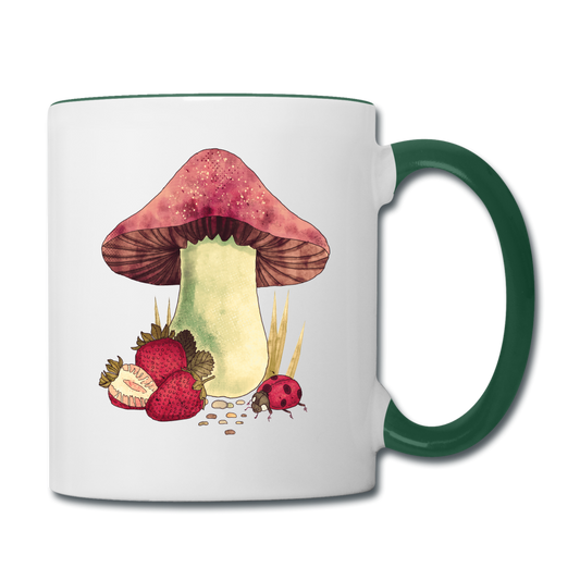 Tasse zweifarbig - "Cottagecore_Pilz und Erdbeeren" - Weiß/Dunkelgrün