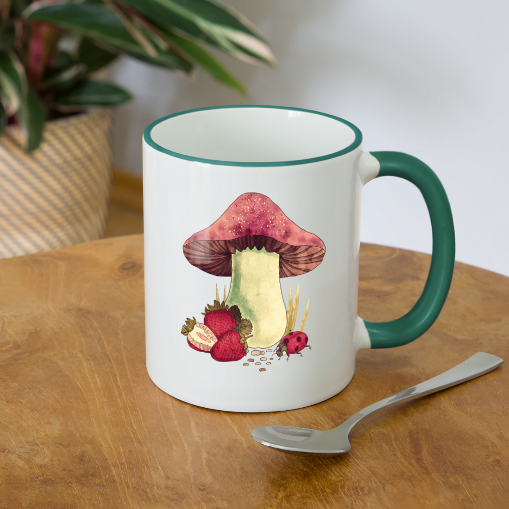 Tasse zweifarbig - "Cottagecore_Pilz und Erdbeeren" - Weiß/Dunkelgrün