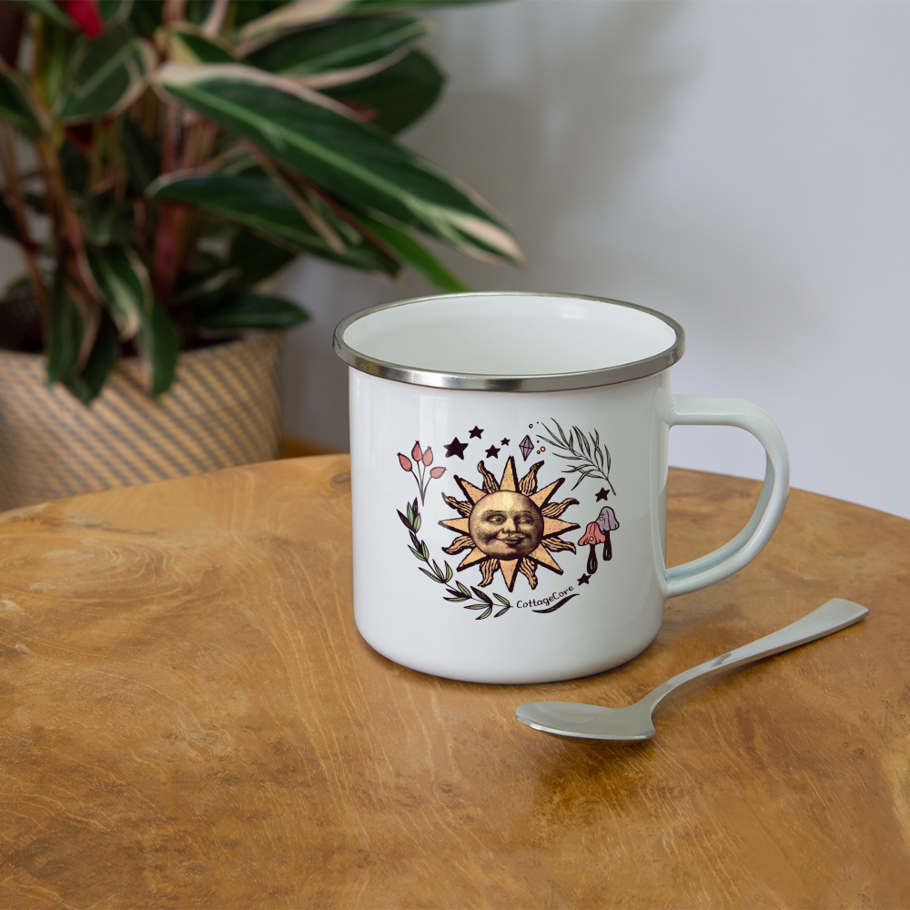 Emaille-Tasse - “Cottagecore_Die Sonne lacht” - Weiß