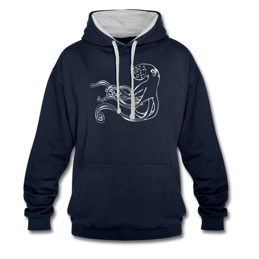 Kontrast-Hoodie - “Shaky Kraken” - Navy/Grau meliert
