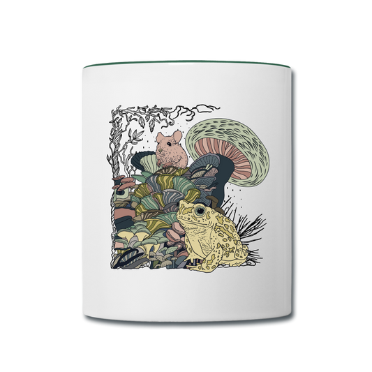 Tasse zweifarbig - “Wimmelbild mit Frosch und Pilzen” - Weiß/Dunkelgrün