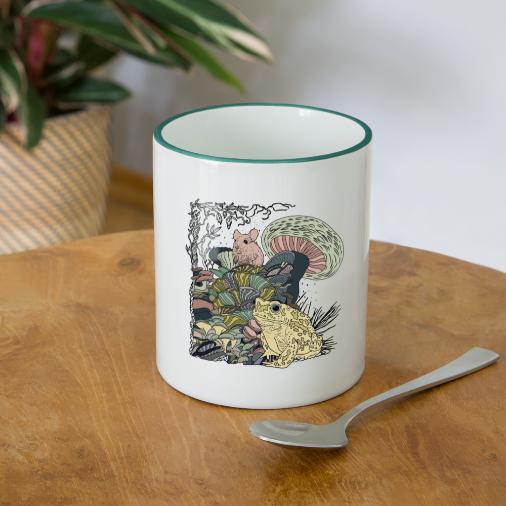 Tasse zweifarbig - “Wimmelbild mit Frosch und Pilzen” - Weiß/Dunkelgrün