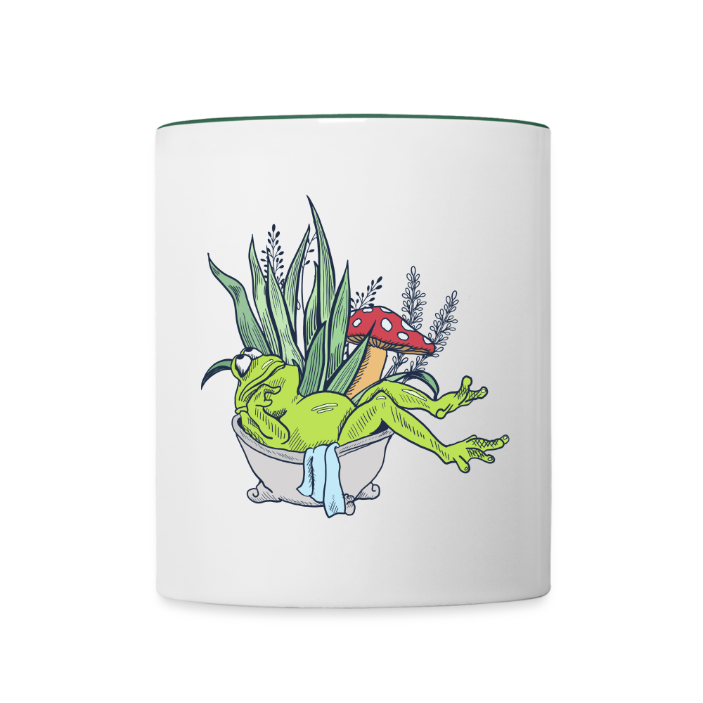 Tasse zweifarbig - “Cottagecore_Frosch in der Badewanne” - Weiß/Dunkelgrün