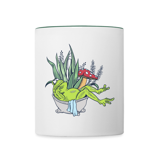 Tasse zweifarbig - “Cottagecore_Frosch in der Badewanne” - Weiß/Dunkelgrün