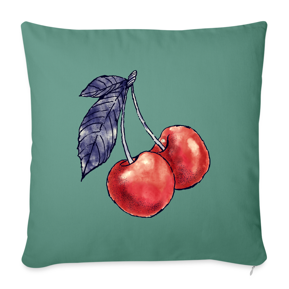 Sofakissen mit Füllung 44 x 44 cm - “Rote Kirschen” - Tanngrün